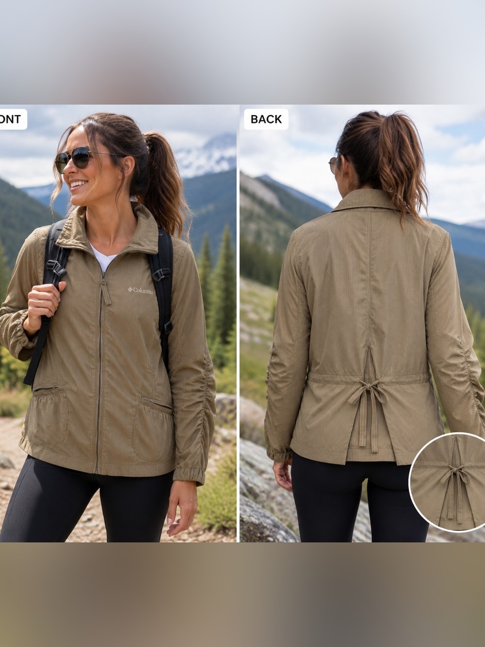 Columbia Tan Pinstripe Women Omni-Shade Sun Protection M cinch back puckered slv